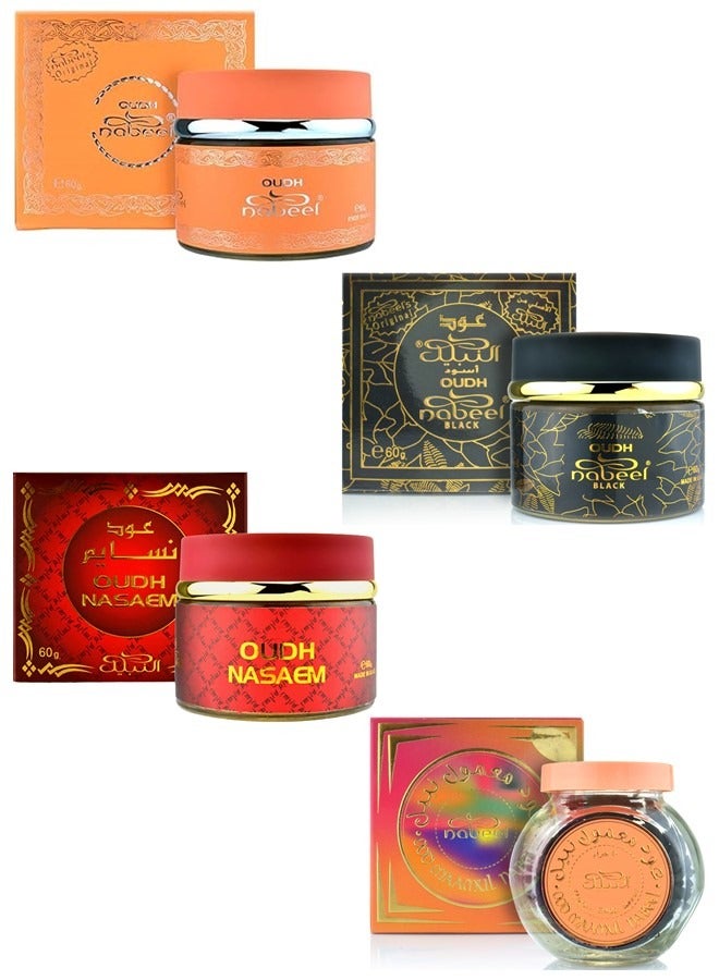 نبيل مجموعة من 4 أنواع من بخور العود الفاخر، تشمل نسيم، الأسود، نبيل، ومعمول، عطر عربي فاخر يدوم طويلاً للمنزل - Image 1